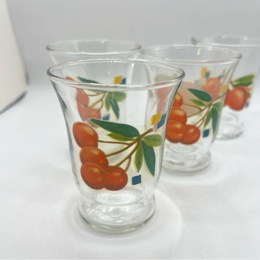 Vintage Mid-Century Cherry Fruit Pattern Cordial Shot Glasses- set of 4